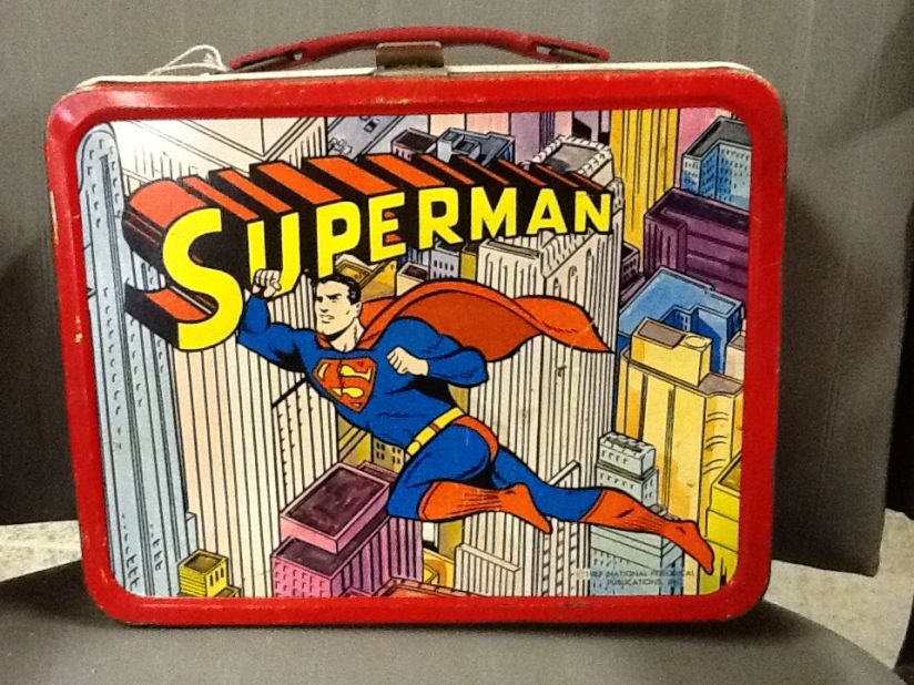 This Superman metal lunchbox from Thermos arrived in 1967. The classic metal lunchbox era ended with concerns that pieces of metal would be used as weapons.