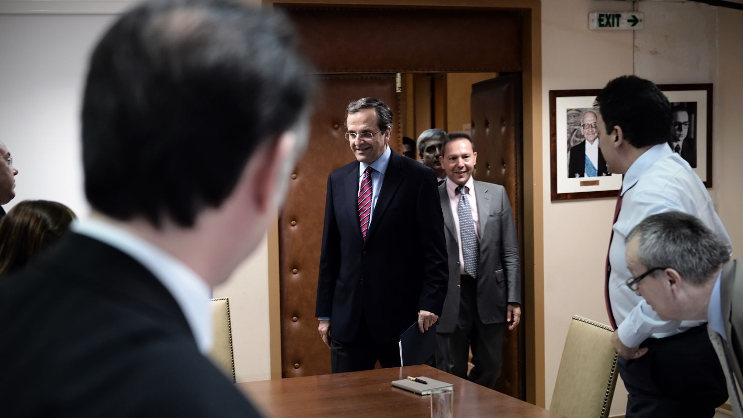 Greek Prime Minister Antonis Samaras and Finance Minister Yannis Stournaras at the Greek Finance Ministry, August 8, 2012. 