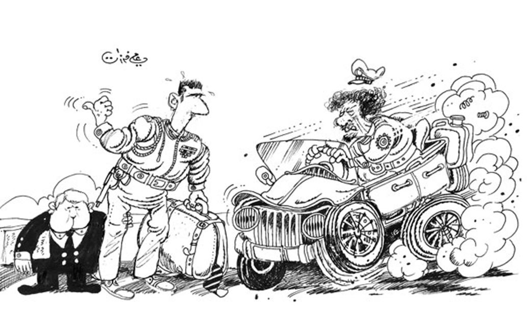 Weeks before being assaulted, Syrian cartoonist Ali Ferzat depicted President Bashar al-Assad thumbing a ride from ousted, now-deceased Libyan dictator Moammar Gadhafi.