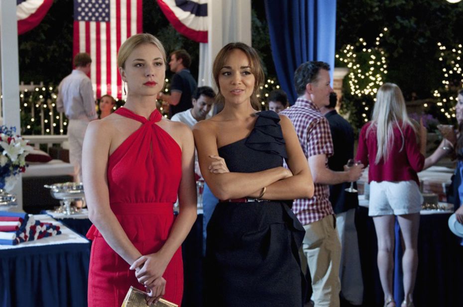 In an episode in the first season of "Revenge," protagonist Emily Thorne, left, and her friend Ashley Davenport attended a party in the Hamptons. "This was our 4th of July episode," said Jill Ohanneson, a costume designer for the series, "so everyone was dressed in red, white or blue. We modified Emily's red Jason Wu dress by removing the skirt ruffles as they were a bit much for her ... but the neckline was phenomenal on her. Ashley's dress was BCBG and we wanted hers to be navy as she was the event coordinator ... working the party."