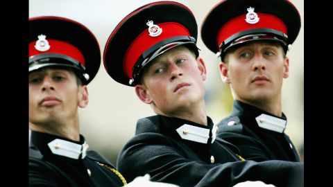 Harry takes part in a 2005 Trooping the Colour event with fellow cadets at the Royal Military Academy in Sandhurst, England.