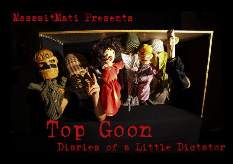 The puppet cast of "Top Goon: Diaries of a Little Dictator," produced by anonymous Syrian artists' collective Masasit Mati. At the far right is the character representing Assad, known by the diminutive "Beeshu."