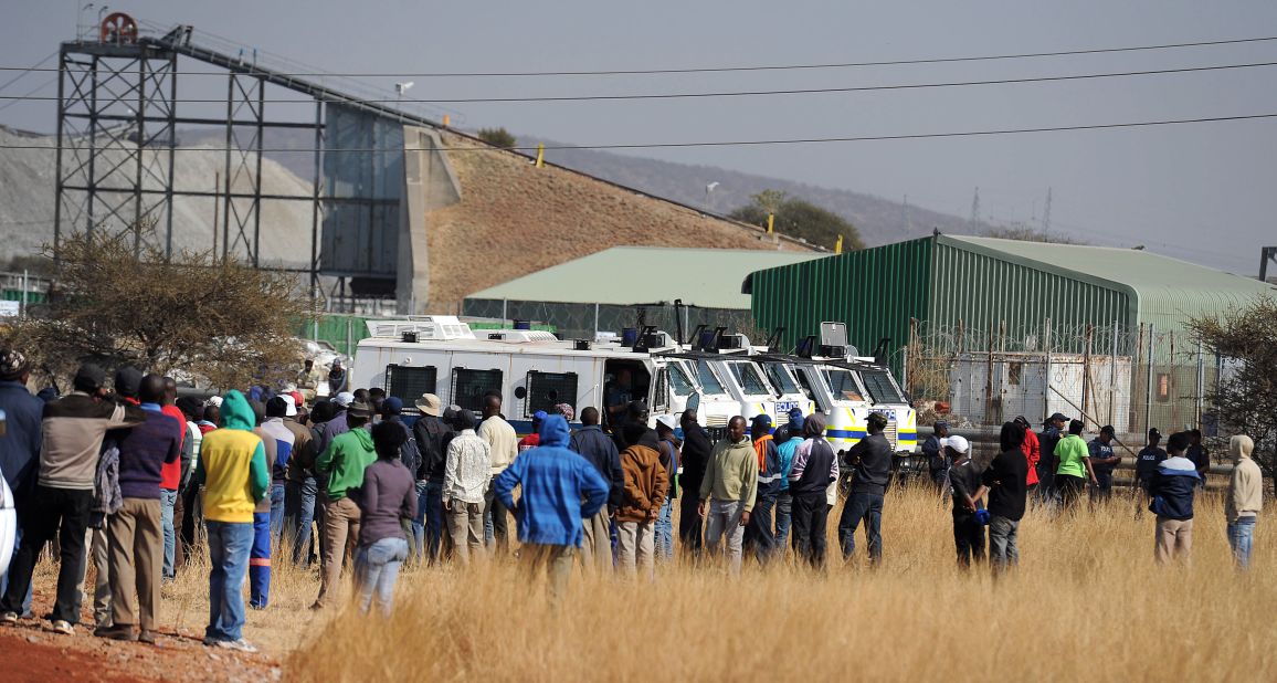 About 600 workers stop working at the Royal Bafokeng Platinum Mine on Wednesday in Rustenburg. 