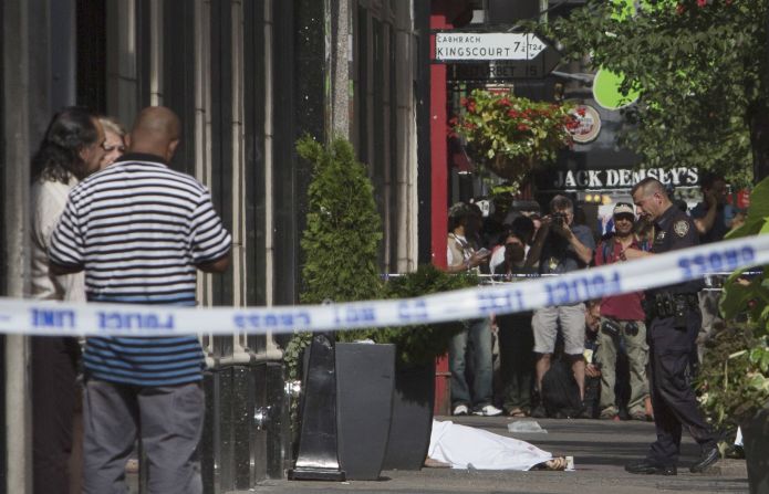 A shooting victim lies covered on the ground at West 33rd Street.