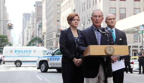 New York Mayor Michael Bloomberg, center, and Police Commissioner Ray Kelly brief reporters on the Empire State Building shooting Friday, August 24. Two people were killed, including the suspected shooter, and nine others wounded, police said. Authorities shot the gunman, whom they described as a disgruntled former employee of a business near the landmark skyscraper.