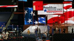 TAMPA, FL - AUGUST 25:  Workers set up the stage ahead of the Republican National Convention at Tampa Bay Times Forum on August 25, 2012 in Tampa, Florida. Area residents are preparing for Tropical Storm Isaac just before the Republican National Convention which will be held at the Tampa Bay Times Forum during the week of August 27th. The Tropical Storm might become a hurricane by the time it hits ground.  (Photo by Spencer Platt/Getty Images)