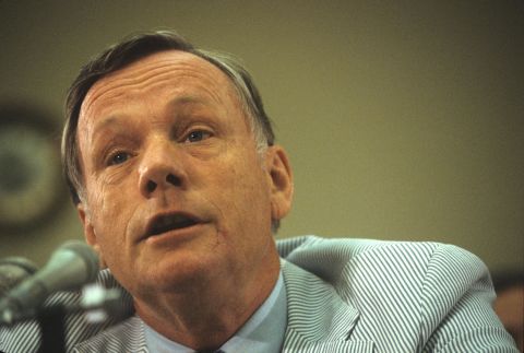 Neil Armstrong talks about the space program during an appearance before a U.S. House committee in 1986.