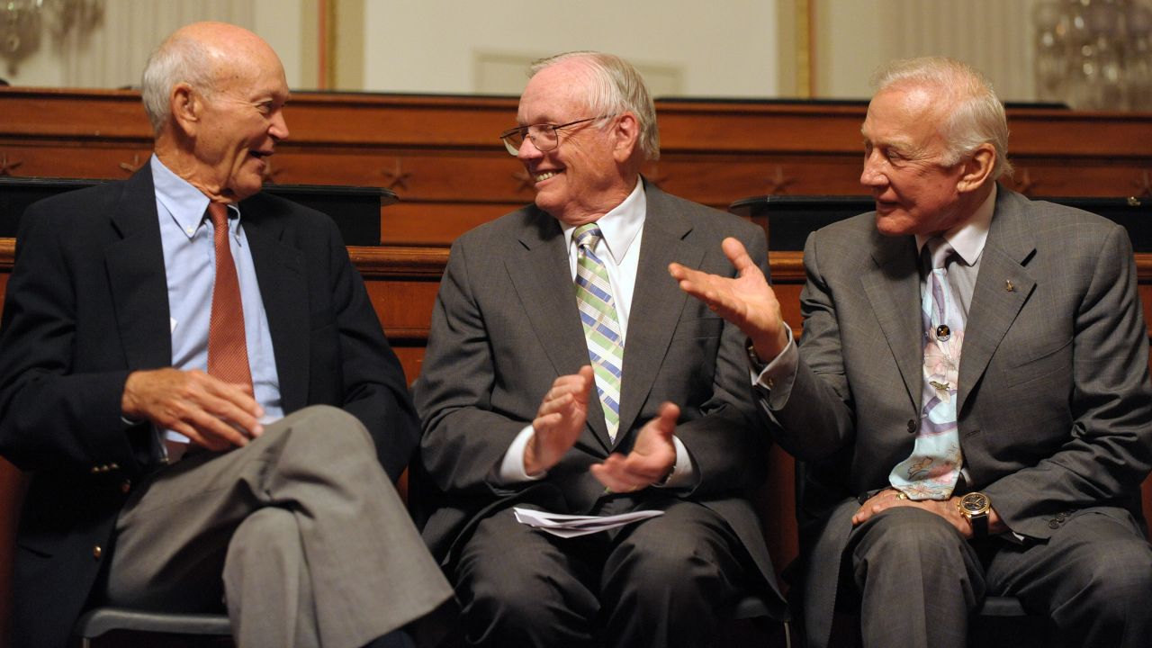 From left, Michael Collins, Neil Armstrong and Buzz Aldrin are honored during the 40th anniversary of their Apollo 11 mission.