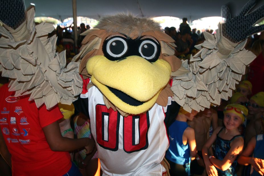 Mascot Freddie Falcon and Atlanta Falcon cheerleaders show up to cheer on the kids. 