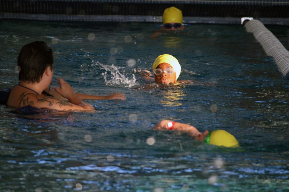 Jonah Jennings, 5, keeps her head up while powering through the 100-yard swim. 