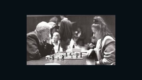 1991: Polgar plays world champion runner-up Viktor Korchnoi, who is 45 years her senior.  
