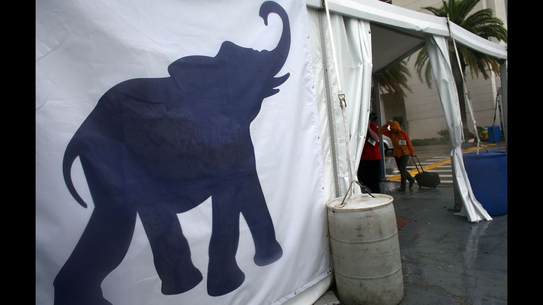 An elephant logo is featured on the side of a tent outside of the Republican National Convention at the Tampa Bay Times Forum.
