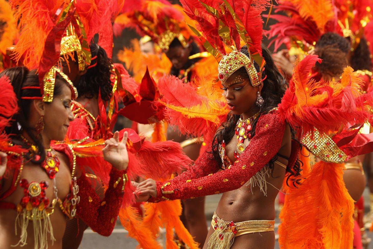 Members of the Paraiso School of Samba perform Monday.