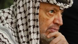 The former Palestinian leader Yasser Arafat pictured here on May 17, 2002, at his headquarters in the West Bank town of Ramallah. 