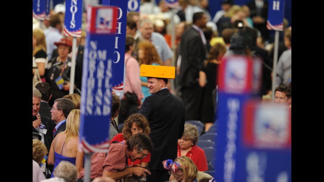 A delegate from Wisconsin sports a cheese hat at the Tampa Bay Times Forum.