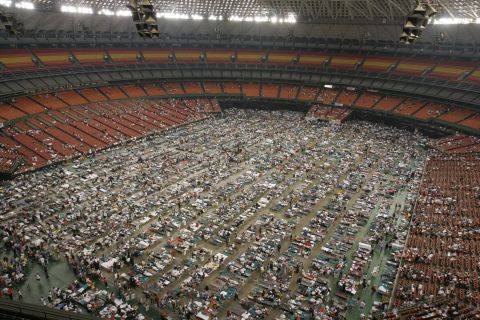 Evacuees crowd the floor of the Astrodome in Houston on September 2, 2005. The facility housed 15,000 refugees who fled the destruction of Hurricane Katrina.