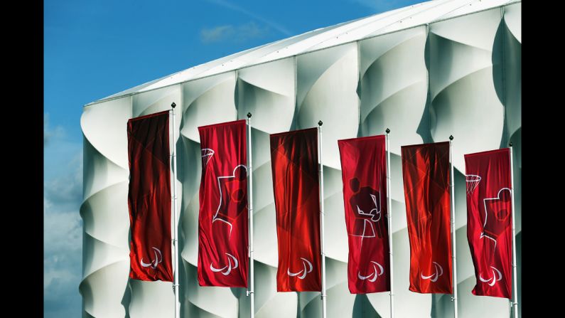 Flags fly in the Olympic Park ahead of the London 2012 Paralympic Games.