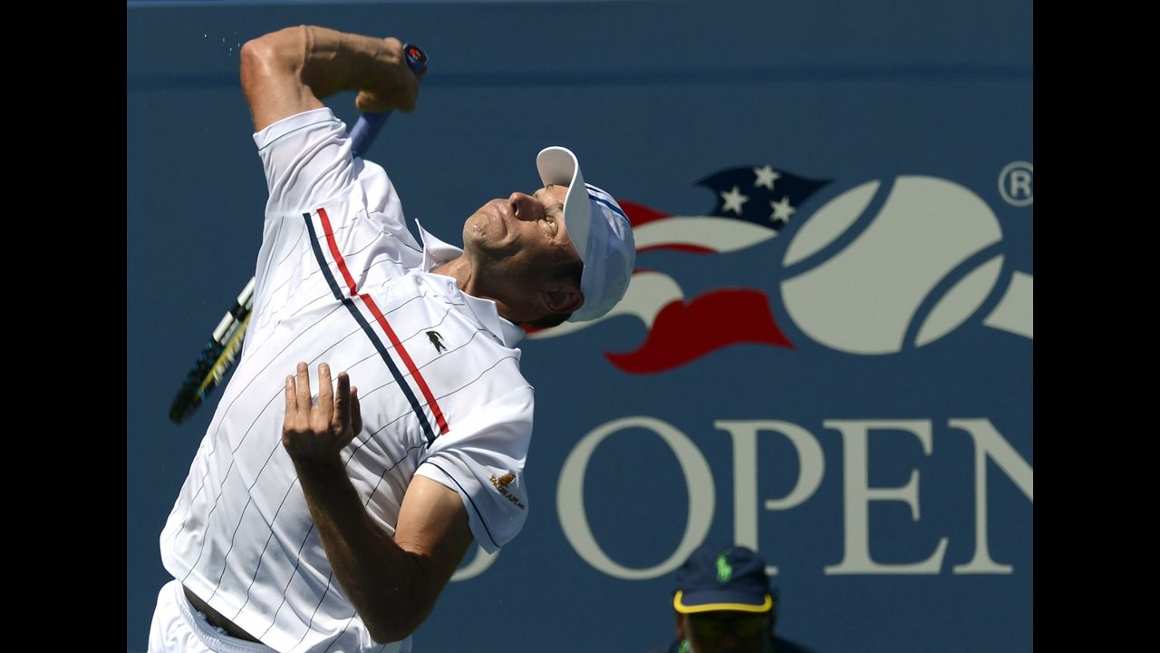 American Andy Roddick hits the ball against countryman Rhyne Williams during their first-round 2012 U.S. Open match in New York on Tuesday, August 28.