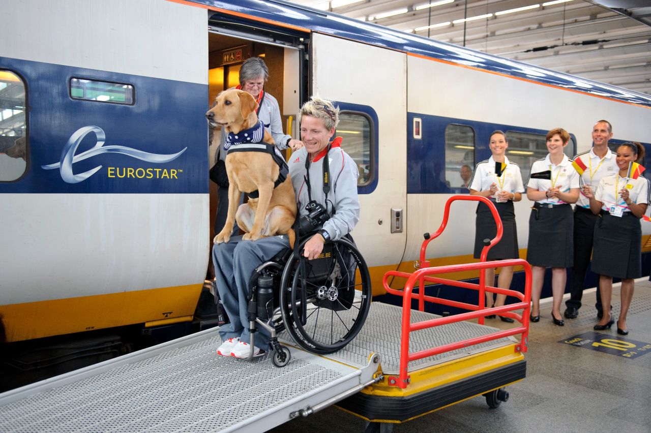 Marieke Vervoort of Belgium's Paralympic team arrives by Eurostar at St Pancras International station in London on August 26. 
