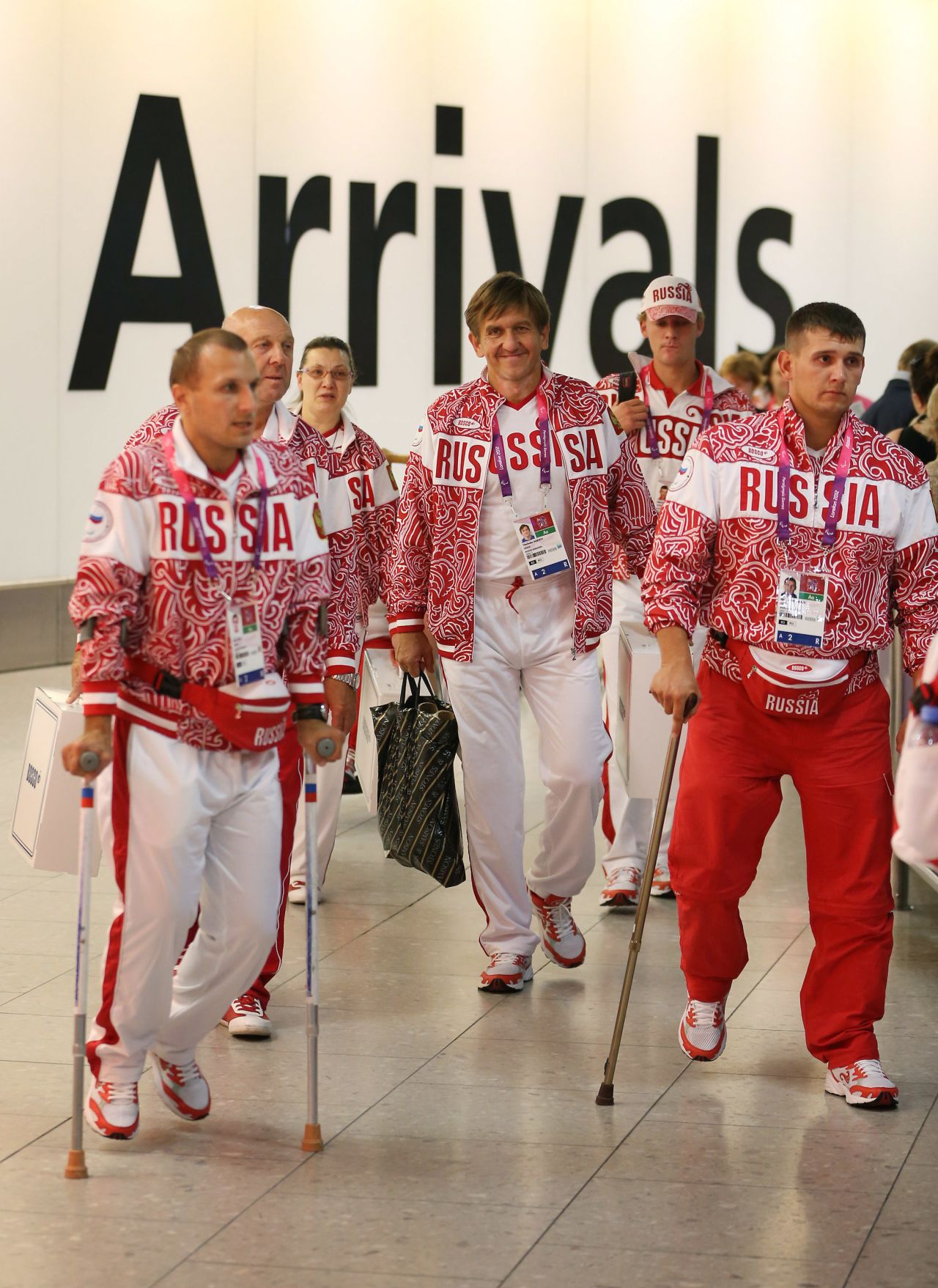 Russian Paralympians arrive at Heathrow's Terminal Four on August 22 in London. 