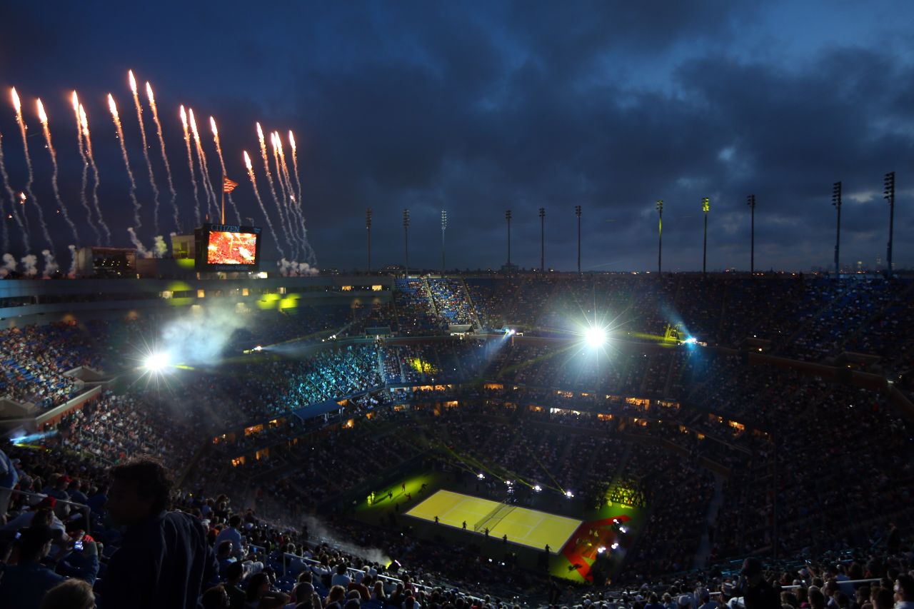 Fireworks expload over Arthur Ashe Stadium during the opening ceremonies of the 2012 U.S. Open on Monday, August 27.