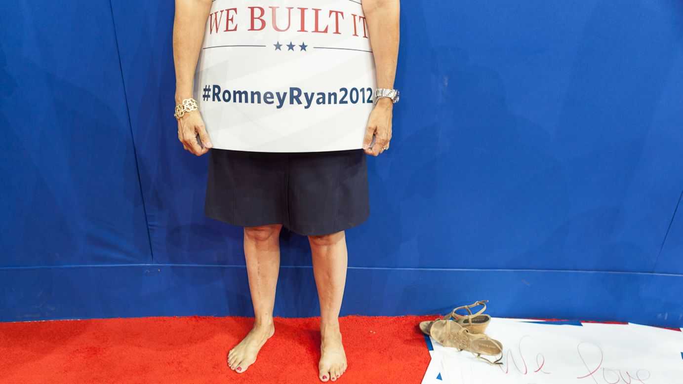 A Mitt Romney supporter rests her feet after a long day at the Republican National Convention.