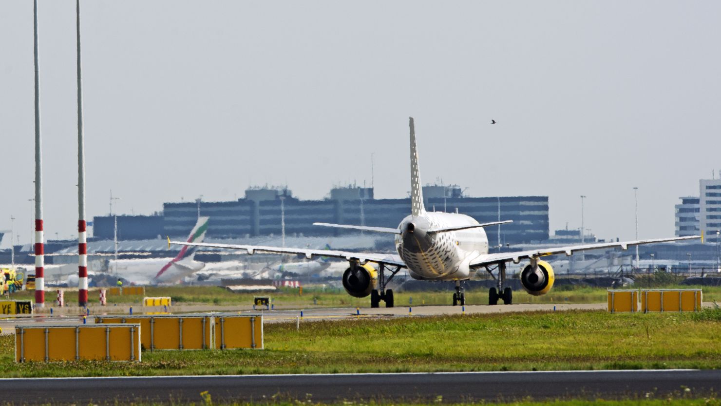 A picture taken on August 29, 2012 shows a plane of the Spanish company Vueling after it landed at Schiphol Airport in Amsterdam.