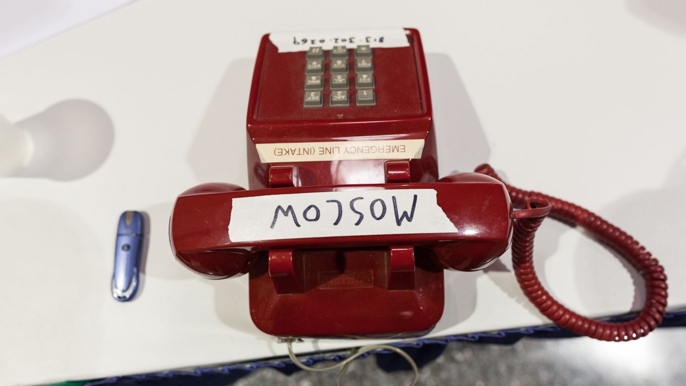A phone labeled "Moscow" sits in the press center at the Republican National Convention. 