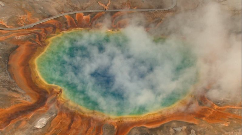 Yellowstone National Park's Grand Prismatic Spring, the park's largest hot spring, makes for a stunning photo in this aerial shot.