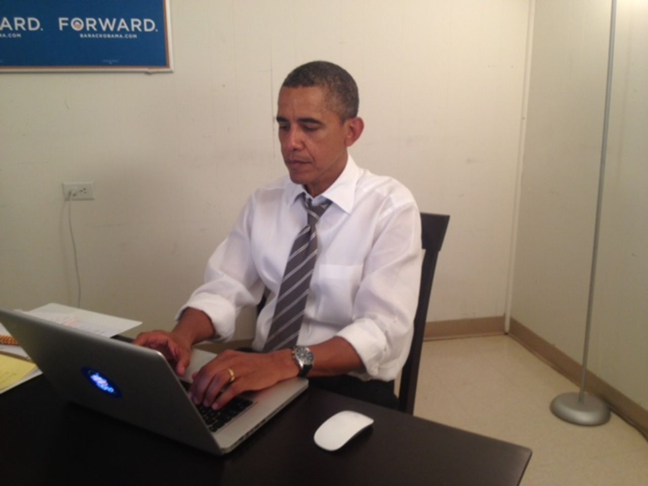 President Barack Obama posted this photo of himself answering questions on social-sharing site Reddit in August. Both Obama and challenger Mitt Romney made frequent use of social media throughout the 2012 campaign, although the president's computer program to drive voter turnout was considered far superior to Romney's. 