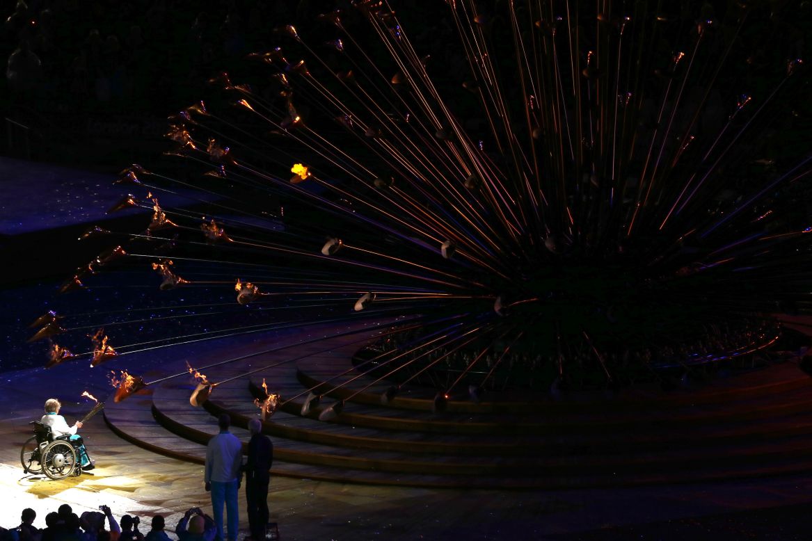 Paralympian Margaret Maughan lights the Paralympic cauldron during the opening ceremony of the London 2012 Paralympics on Wednesday, August 29.