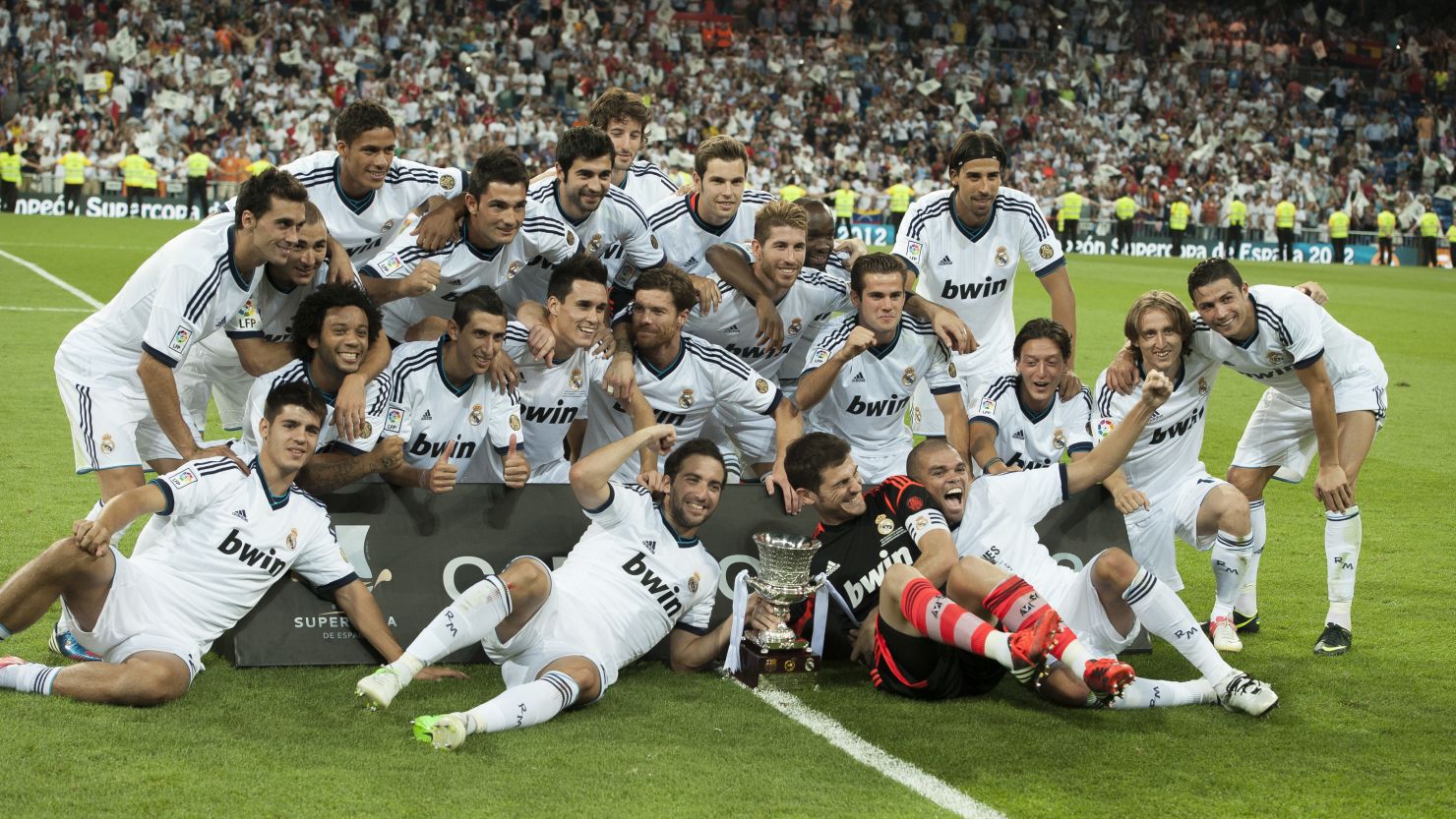 Real Madrid players celebrate their Supercup win over rivals Barcelona