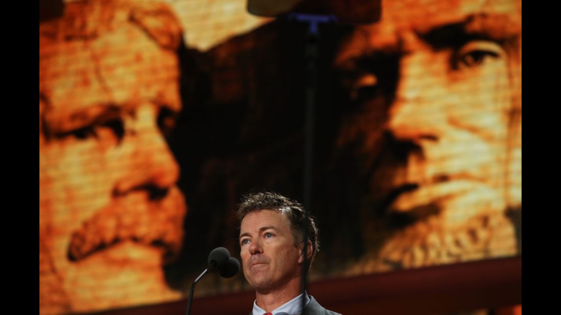 Sen. Rand Paul of Kentucky speaks during the third day of the Republican National Convention. His father, U.S. Rep. Ron Paul of Texas, was one of the hopefuls for the 2012 nomination.