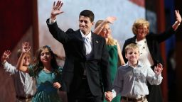 TAMPA, FL - AUGUST 29: Republican vice presidential candidate, U.S. Rep. Paul Ryan (R-WI) waves with his family, daughter, Liza Ryan, sons, Charlie Ryan (R) and Sam Ryan and wife, Janna Ryan (3R) and mother Elizabeth Ryan (R) during the third day of the Republican National Convention at the Tampa Bay Times Forum on August 29, 2012 in Tampa, Florida. Former Massachusetts Gov. Mitt Romney was nominated as the Republican presidential candidate during the RNC, which is scheduled to conclude August 30. (Photo by Win McNamee/Getty Images) 