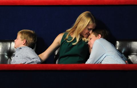 Paul Ryan's wife, Janna, is flanked by her sons Charlie, left, and Sam during Ryan's keynote address Wednesday night.