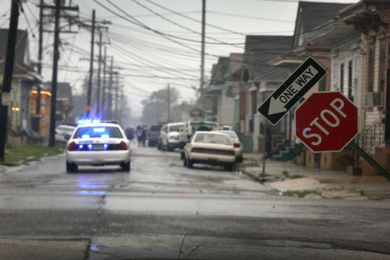 A stop sign stands askew in New Orleans after being blown by Isaac.