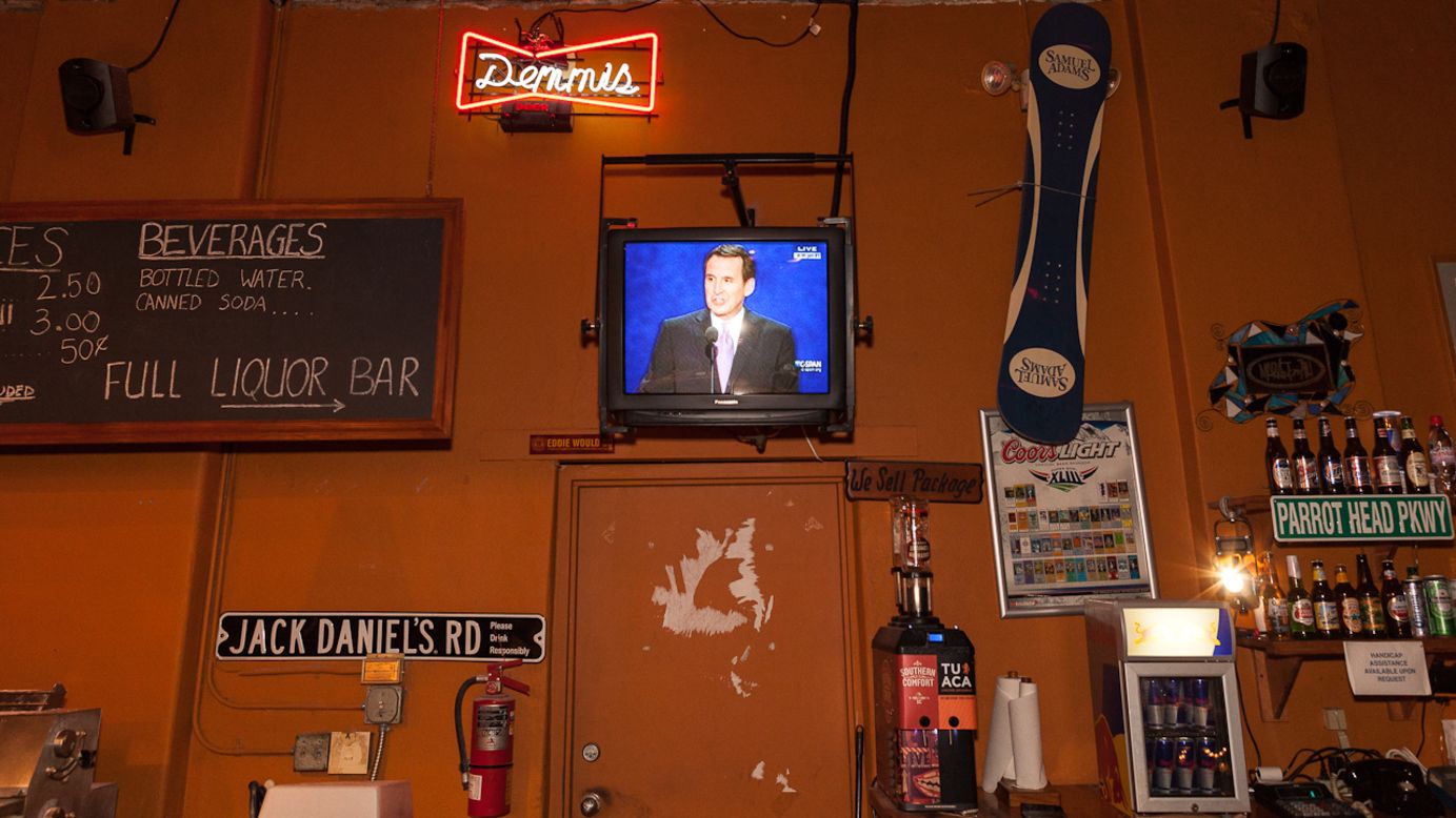 Former Minnesota Gov. Tim Pawlenty's speech at the convention is televised at a pizza bar in Tampa's Ybor City district on Wednesday, August 29. 
