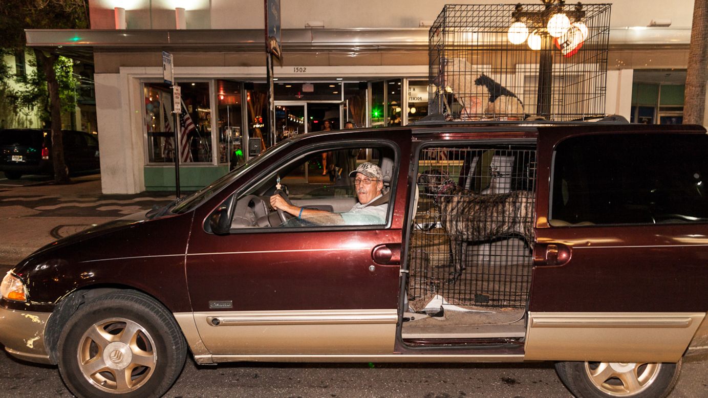 A protester sits in his car in Ybor City. During a summer road trip, Republican presidential nominee Mitt Romney once put his family dog in a cage and perched it atop the family car.