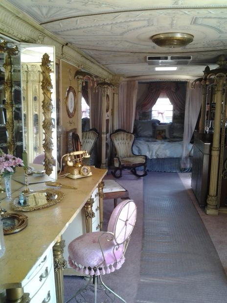 Inside the dressing room trailer created for Elizabeth Taylor to use during the filming of "Cleopatra" in 1963. The trailer's owner says it was damaged while on loan for the filming of "Liz & Dick" in July.
