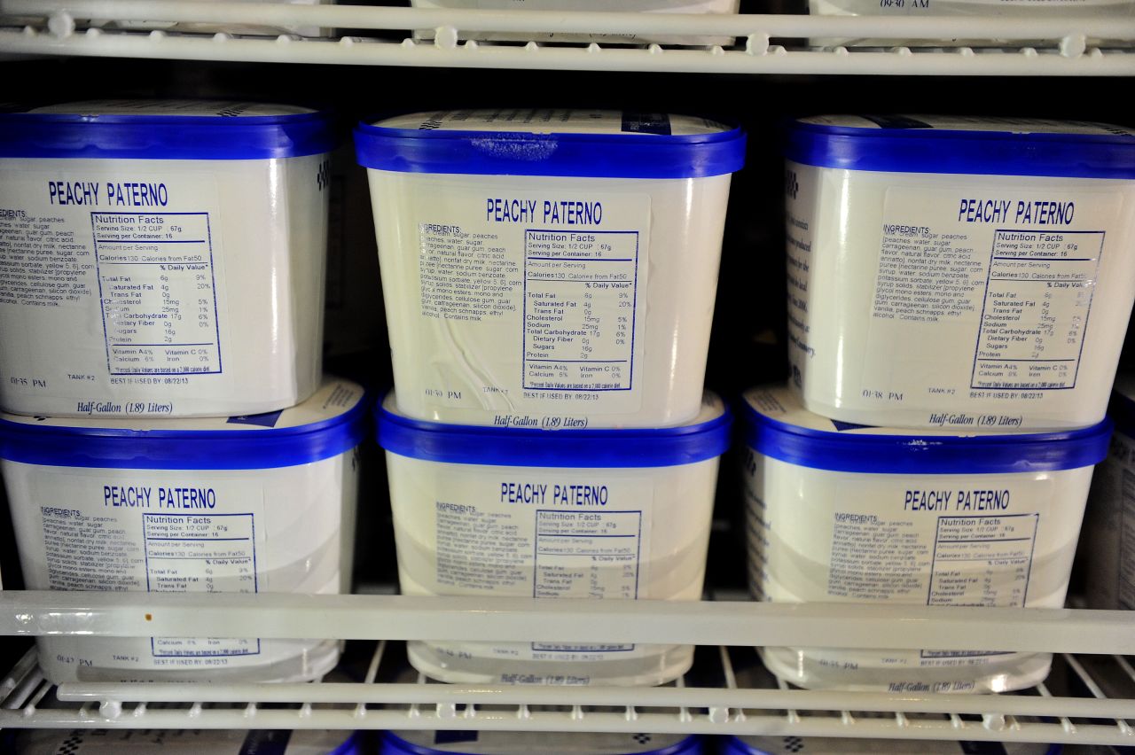 "Peachy Paterno" ice cream sits in the freezer at the Berkey Creamery on campus. The "Sandusky Blitz" flavor has been removed.