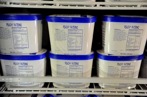 "Peachy Paterno" ice cream sits in the freezer at the Berkey Creamery on campus. The "Sandusky Blitz" flavor has been removed.
