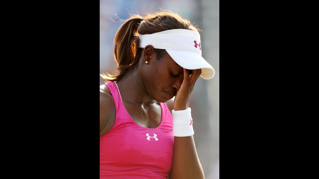 Sloane Stephens of the United States reacts during her women's singles second-round match against Tatjana Malek of Germany.