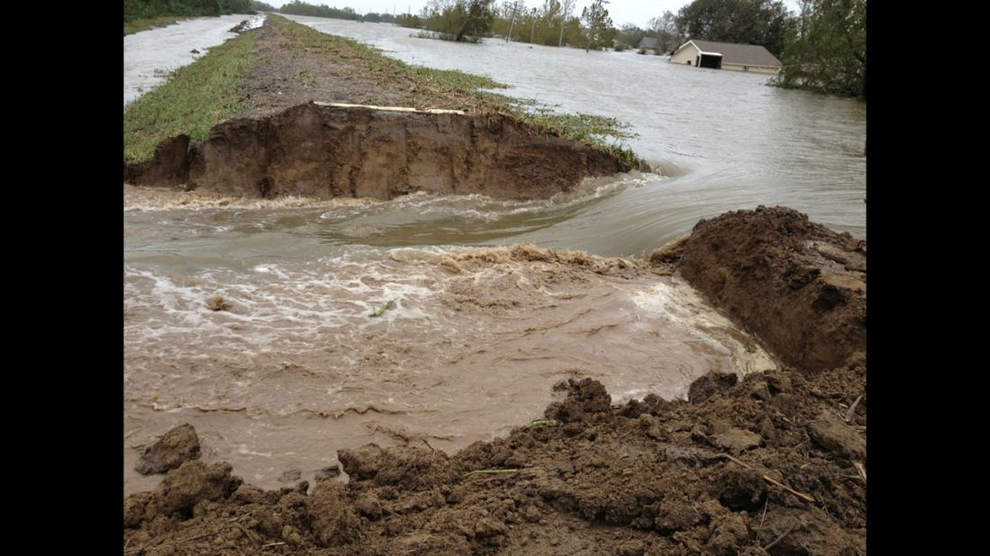 The Lake Borgne Basin Levee District and other government agencies intentionally breached the Caernarvon Diversion to help drain flood waters in Plaquemines Parish, Louisiana.