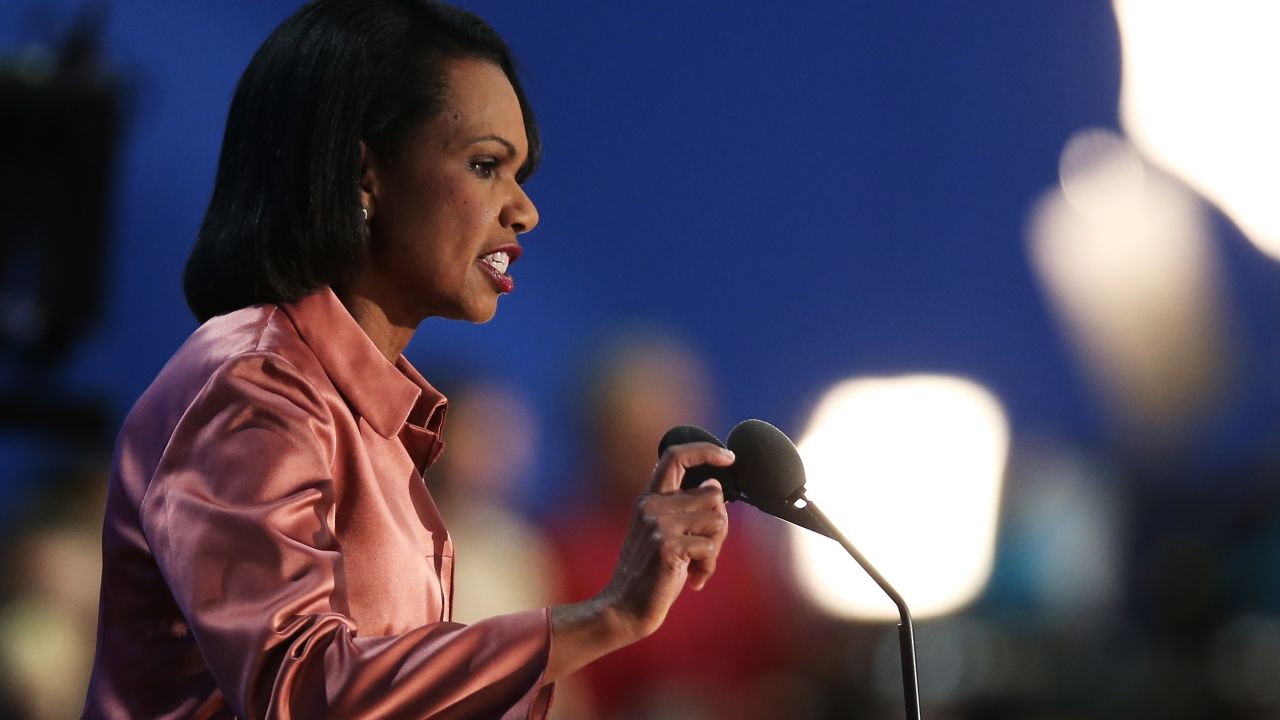 Former U.S. Secretary of State Condoleezza Rice speaks during the third day of the Republican National Convention at the Tampa Bay Times Forum on August 29, 2012, in Tampa, Florida.