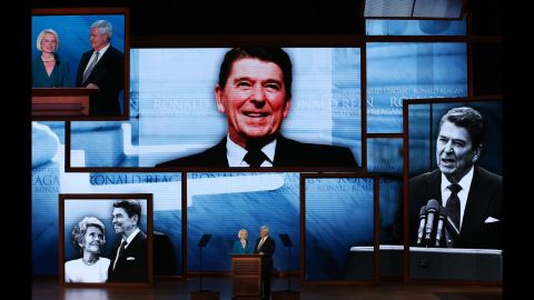 Former Speaker of the House Newt Gingrich and his wife, Callista, speak during a tribute to former president Ronald Reagan on Thursday.