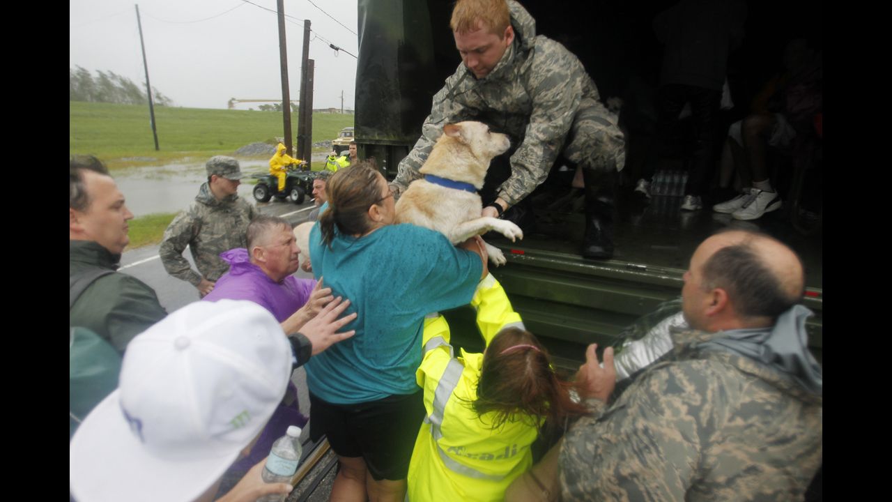 Emergency crews and residents rescue a dog during Hurricane Isaac on Highway 39 separating Plaquemines and St. Bernard parishes on Wednesday, August 29, in Louisiana.