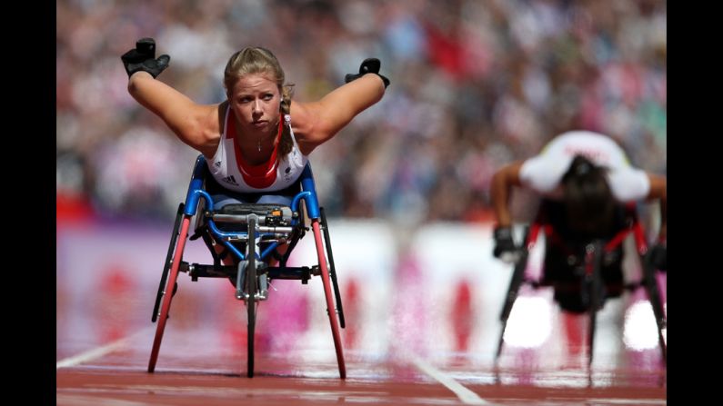Hannah Cockroft of Great Britain competes in the women's 100 meters on day 2 of the London 2012 Paralympic Games at Olympic Stadium on Friday, August 31.