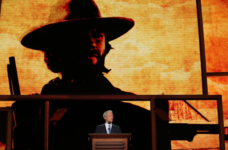  Actor Clint Eastwood speaks as a surprise guest.