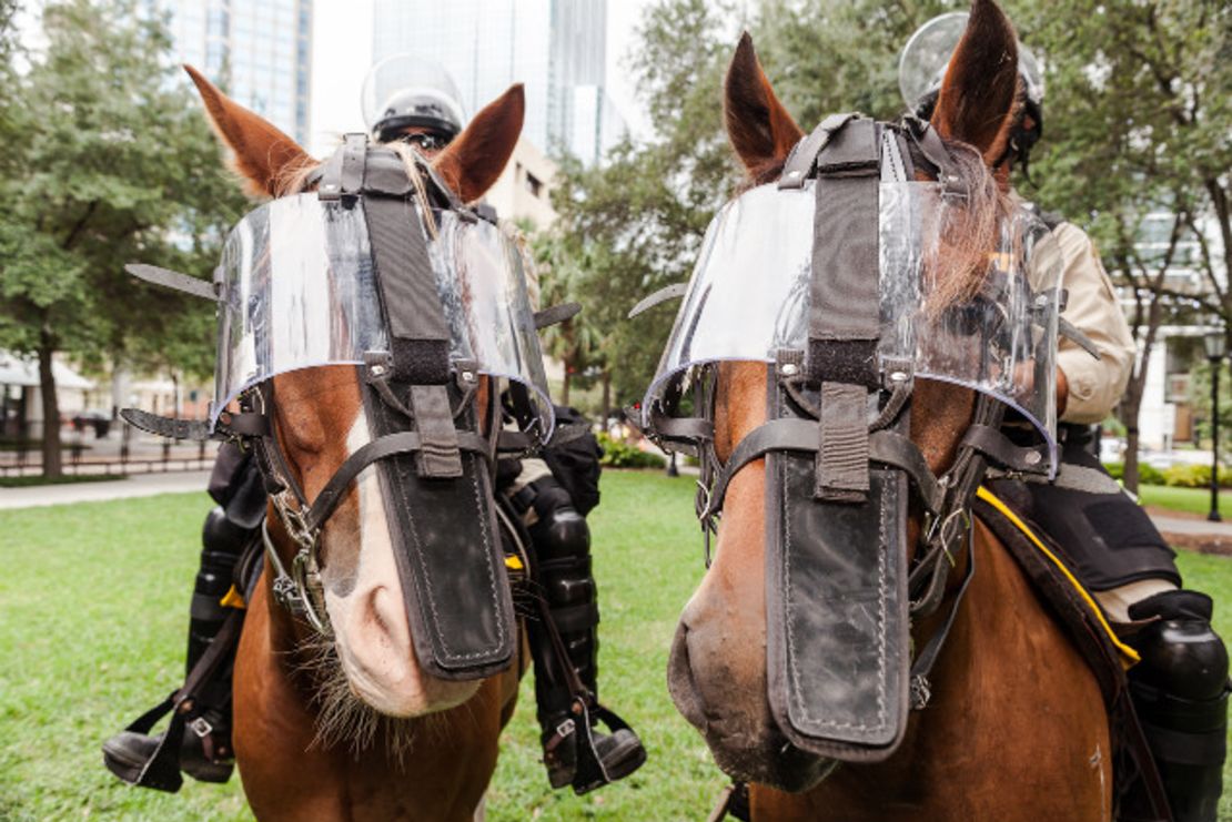 Police sit on horses on Thursday, August 30, in Tampa. - (Zoran Milich for CNN)