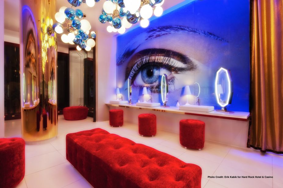 The Hard Rock Hotel and Casino's Vanity Nightclub features eye-catching vanity stations as part of its 2,000 square-foot luxury ladies' room. Gold-plated faucets and a $40,000 chandelier add some shine to the porcelain palace.